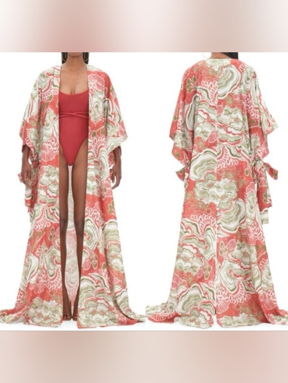 Andrea Iyamah Coral & Cream Printed Maxi Kimono Robe